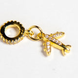INDIVIJWL gold airplane charm featuring micro paved cubic zirconia and a versatile removable bail holder, designed for personalized jewelry collections. A perfect addition to any charm bracelet or layered necklace.