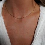 Elegant 16-inch dainty gold box chain necklace in 24k gold-filled by INDIVIJWL, shown on a model for a minimalist and timeless jewelry aesthetic.