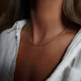 Model wearing INDIVIJWL 16-inch dainty gold box chain necklace, featuring a delicate 24k gold-filled design. Perfect for a minimalist, elegant jewelry style.